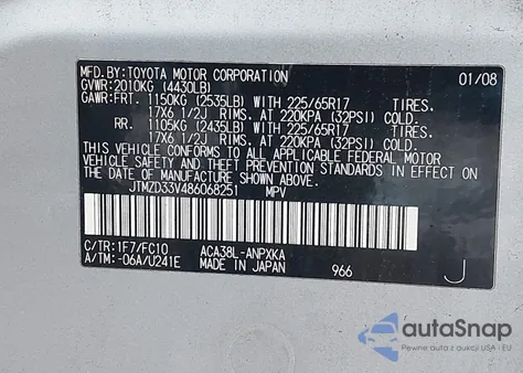 2008 Toyota Rav4 из США, поврежденный, VIN JTMZD33V486068251